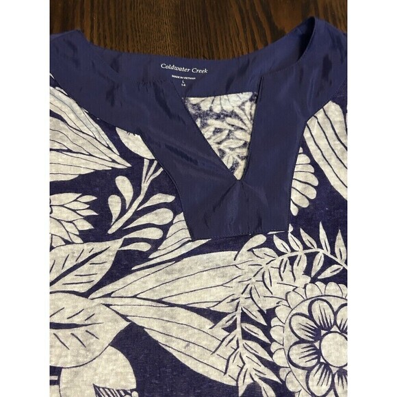 Coldwater Creek Linen Top Women’s Large Indigo Blue White Bali Floral Top Shirt - Picture 6 of 16